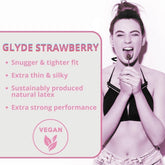 A woman playfully holding a lollipop to her lips stands beside a box of text. The text describes "Glyde SlimFit Strawberry Flavored Condoms 🍓" featuring snugger fit, sheer and silky texture, sustainable latex, and strong performance with a proud vegan symbol displayed.